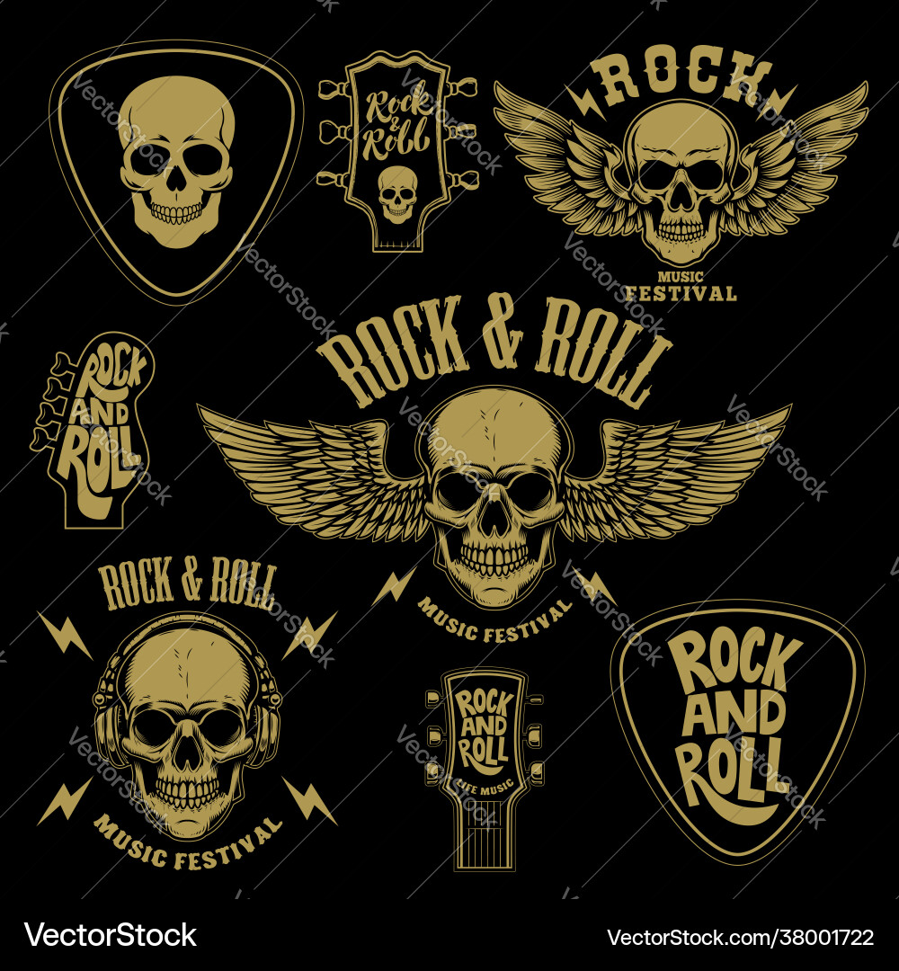 Set rock and roll emblems design element vector image