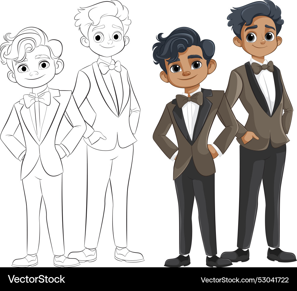 Two characters in tuxedos one colored outlined Two characters in tuxedos one colored outlined Vector Image