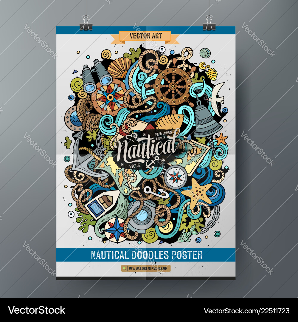 Cartoon hand drawn doodles nautical poster design Cartoon hand drawn doodles nautical poster design vector image
