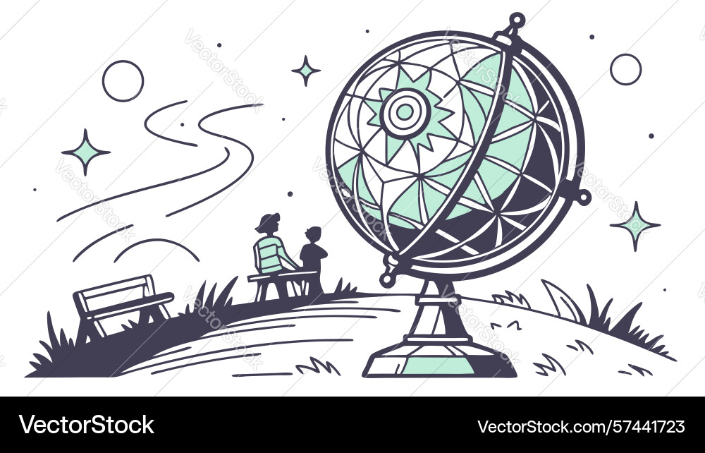 Students observing intricate globe with celestial Vector Image