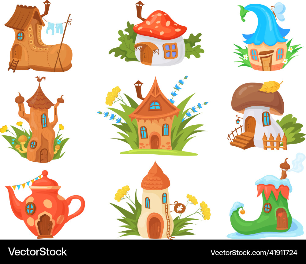 Cartoon elves houses fairy house in tale forest Cartoon elves houses fairy house in tale forest vector image