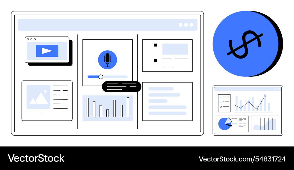 Digital dashboard with multimedia analytics Digital dashboard with multimedia analytics vector image