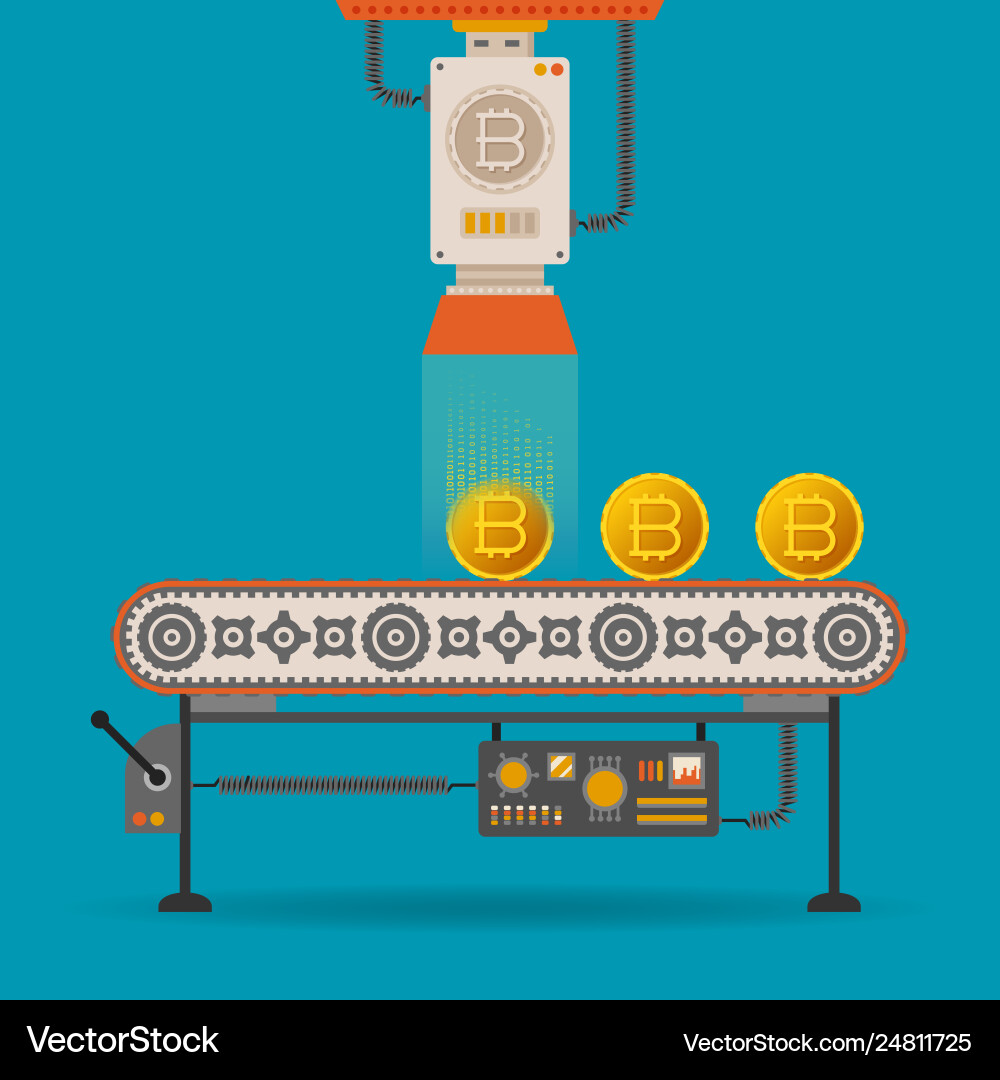 Bitcoin mining concept with conveyor in flat style Vector Image