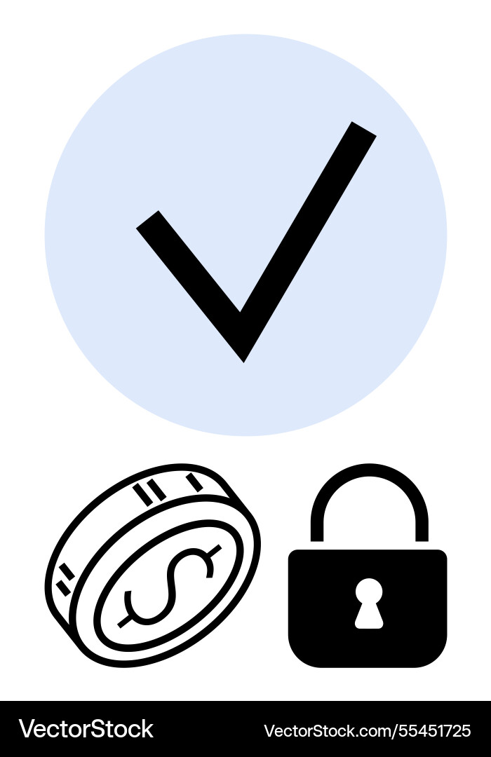 Large check mark with coin and lock below Large check mark with coin and lock below vector image