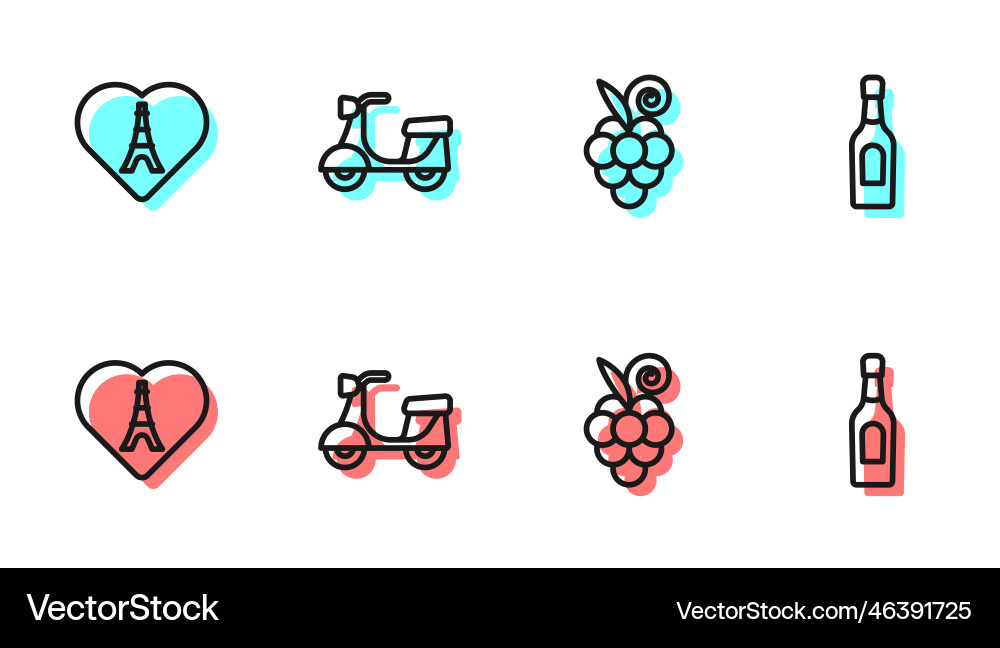Set line grape fruit eiffel tower with heart Set line grape fruit eiffel tower with heart Vector Image