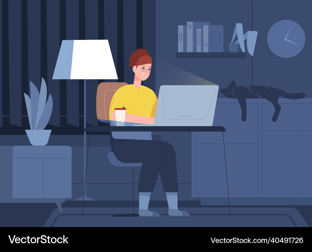 Frau arbeiten Nacht Remote-Arbeit Home Zimmer Büro Frau arbeiten Nacht Remote-Arbeit Home Zimmer Büro vektorbild