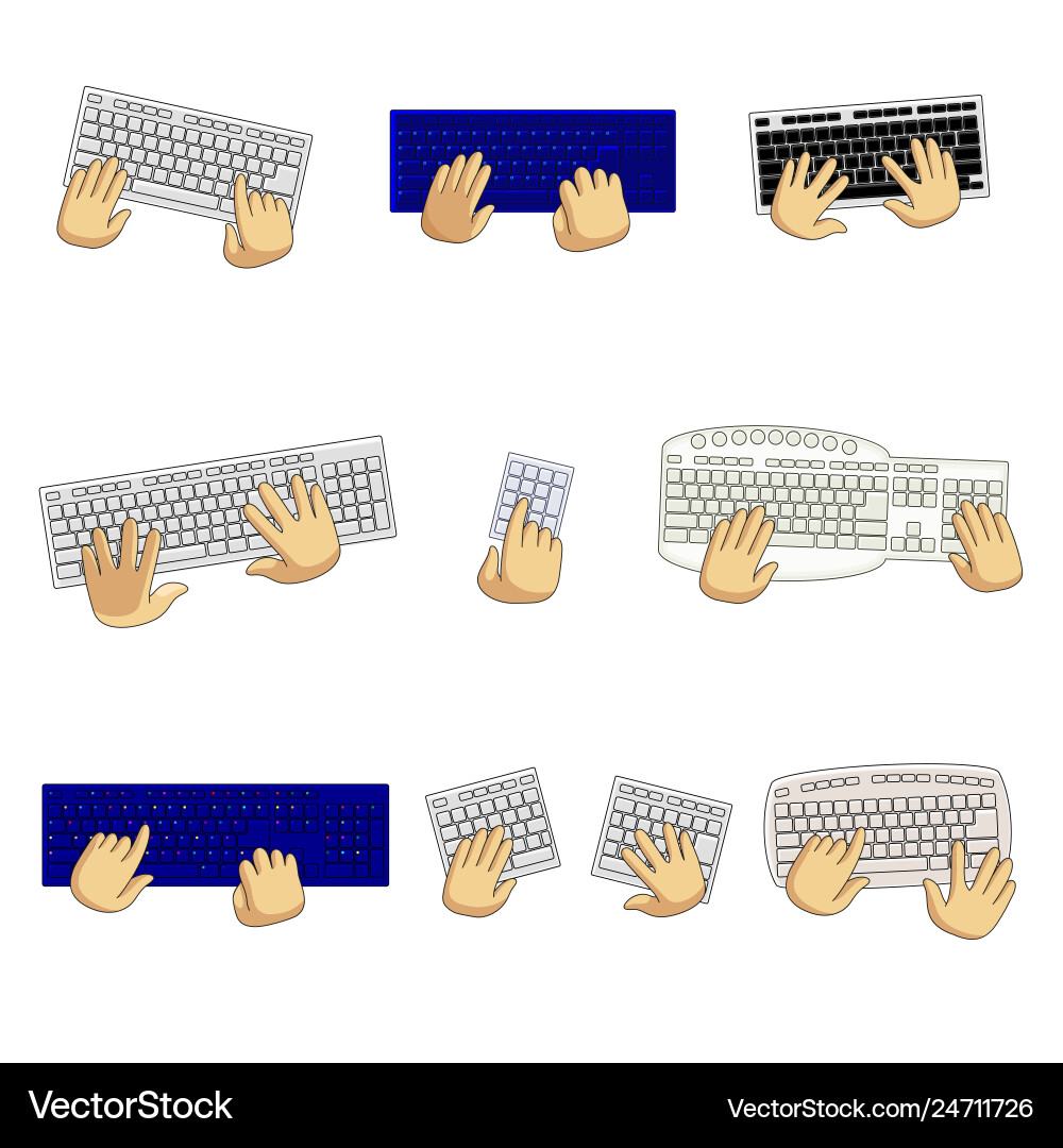 Set of keyboards different types and user hands Set of keyboards different types and user hands vector image