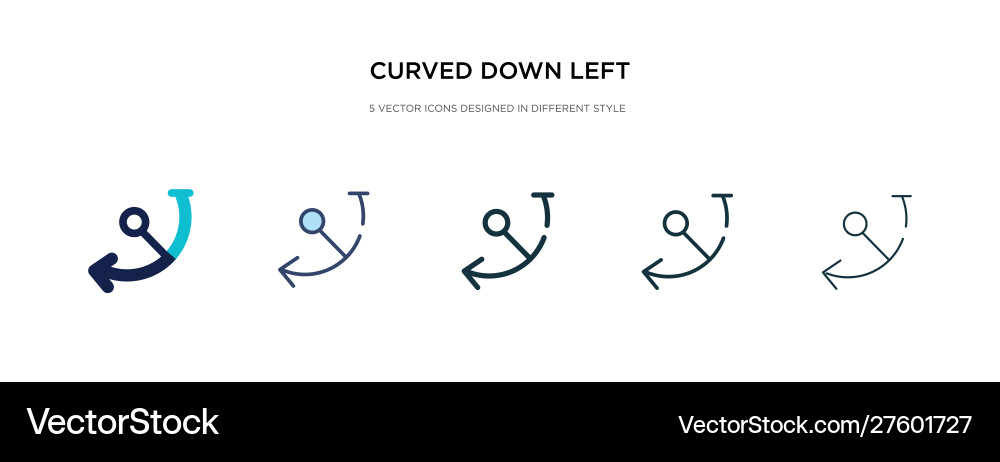 Curved down left arrow icon in different style vector image