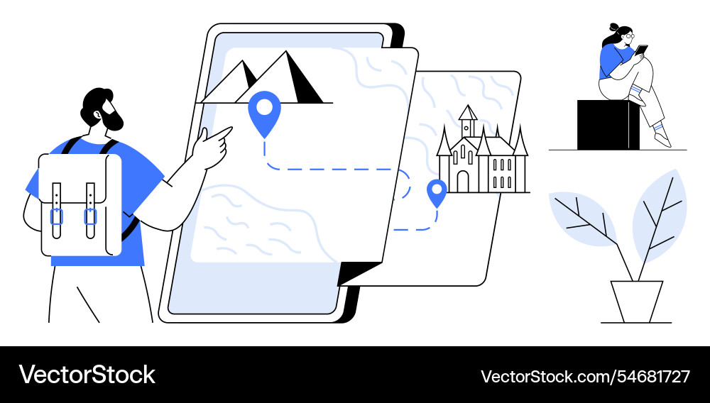 Man with backpack navigating digital map Man with backpack navigating digital map vector image