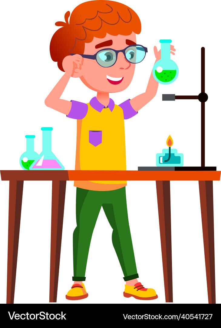 Schoolboy scientist making lab experiment Schoolboy scientist making lab experiment vector image