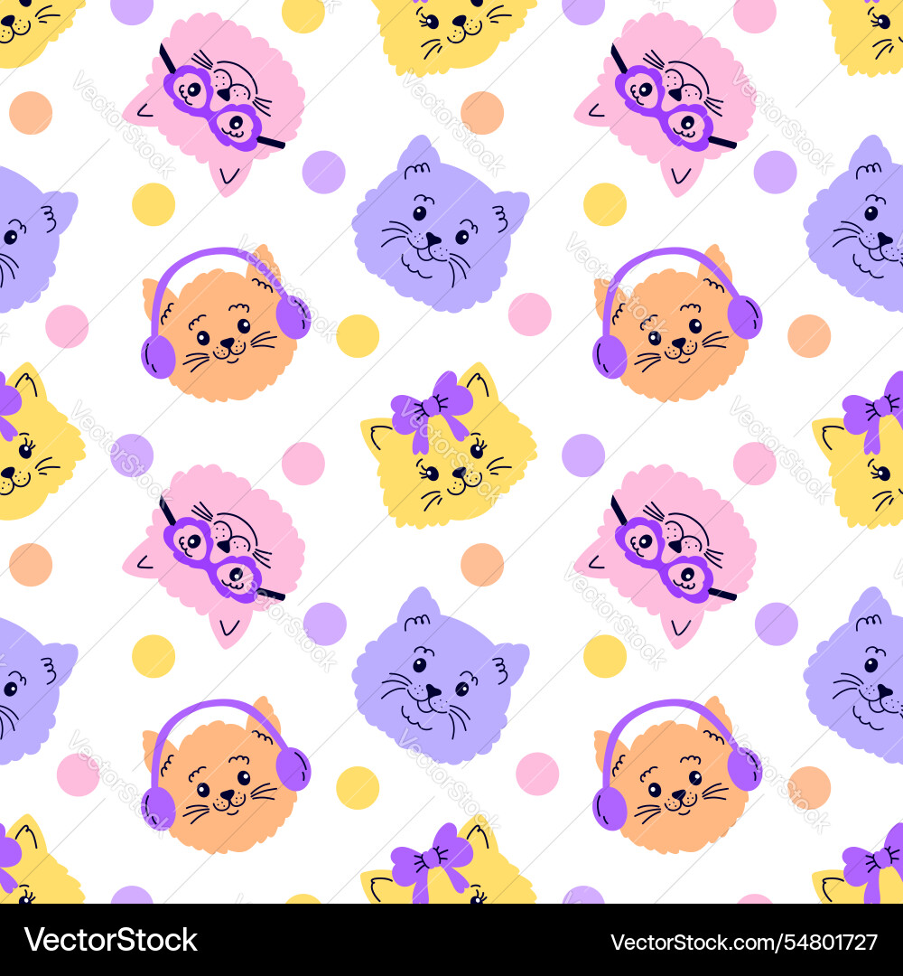 Seamless pattern with cat faces and dots Vector Image