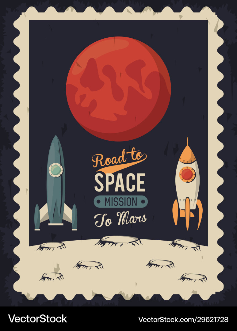 Leben im Raum Plakat mit Mars und Raketen Leben im Raum Plakat mit Mars und Raketen vektorbild