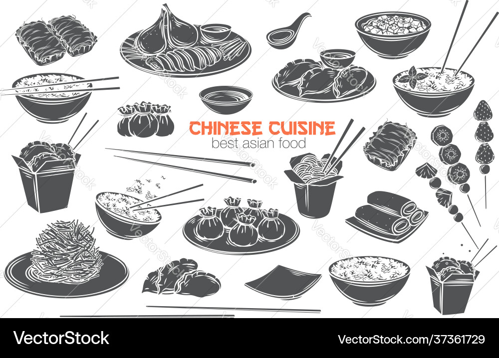 Chinese cuisine monochrome icon set Chinese cuisine monochrome icon set vector image