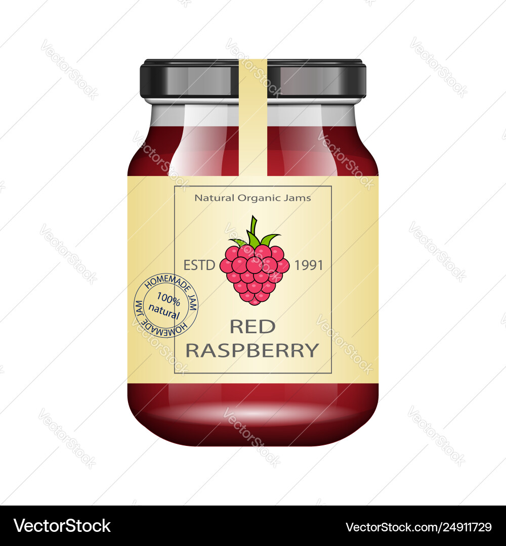 Glass jar with raspberry jam and configure Glass jar with raspberry jam and configure vector image