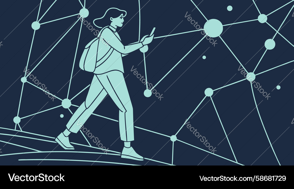 Person navigating through network nodes design Vector Image