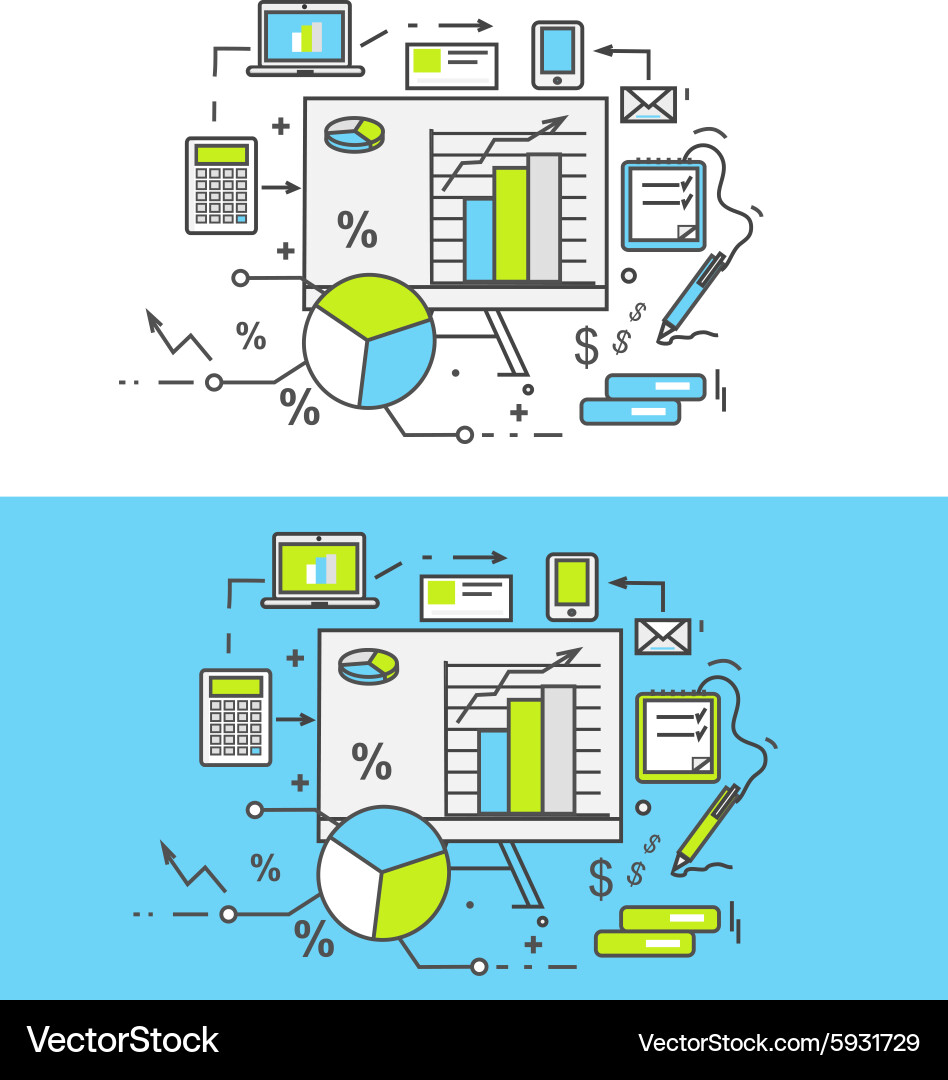 Thin lines icons stand with charts and parameters vector image