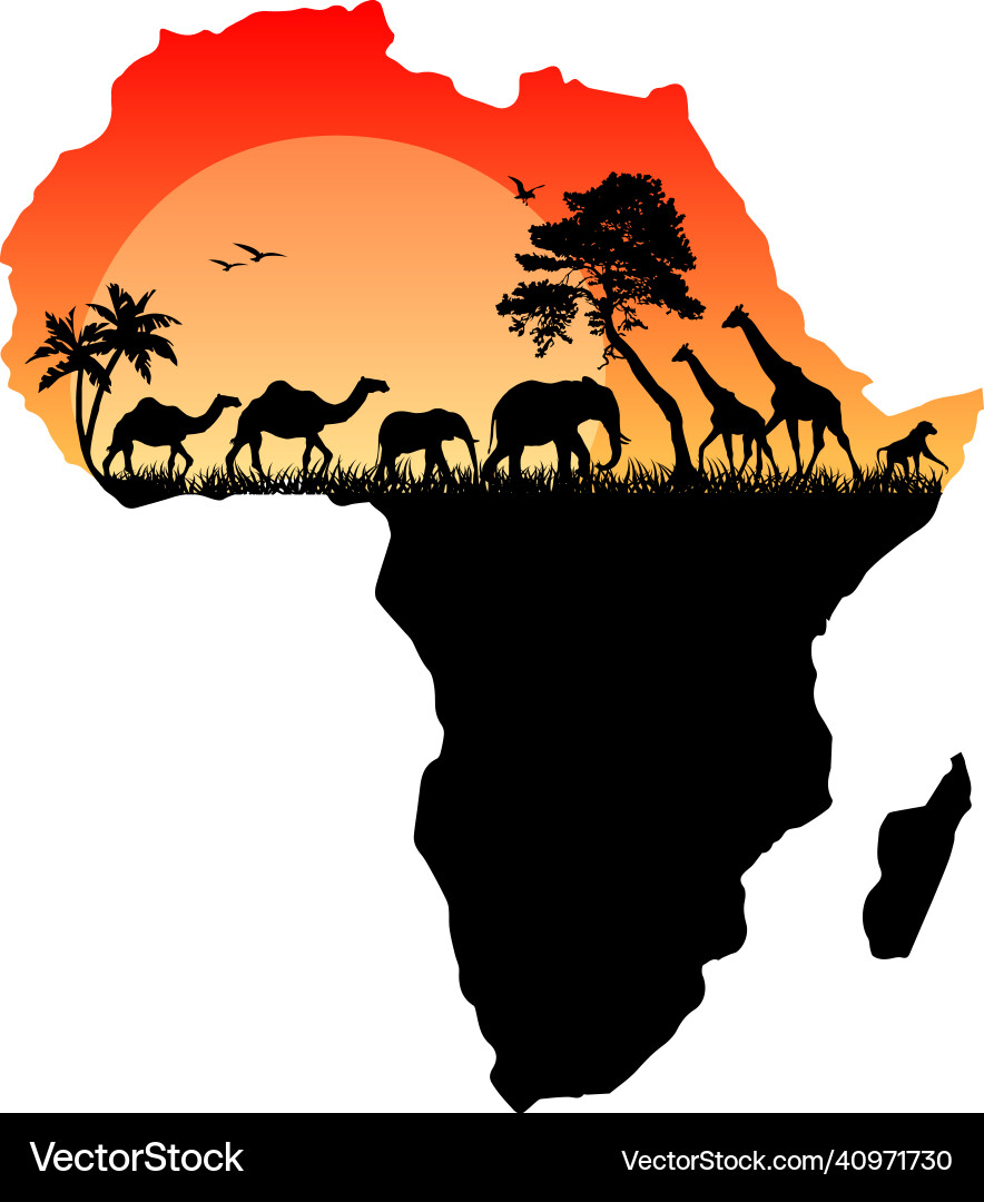 Africa map with wild animals trees and sun Africa map with wild animals trees and sun vector image