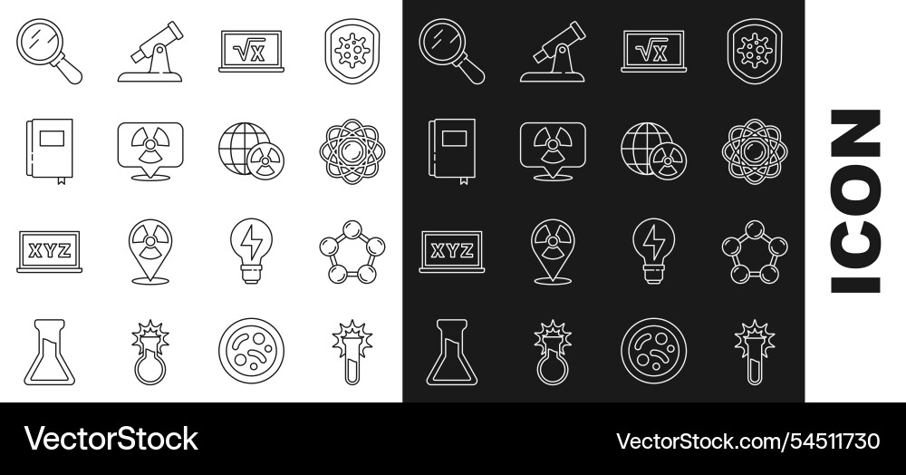 Set line test tube and flask molecule atom square Set line test tube and flask molecule atom square vector image
