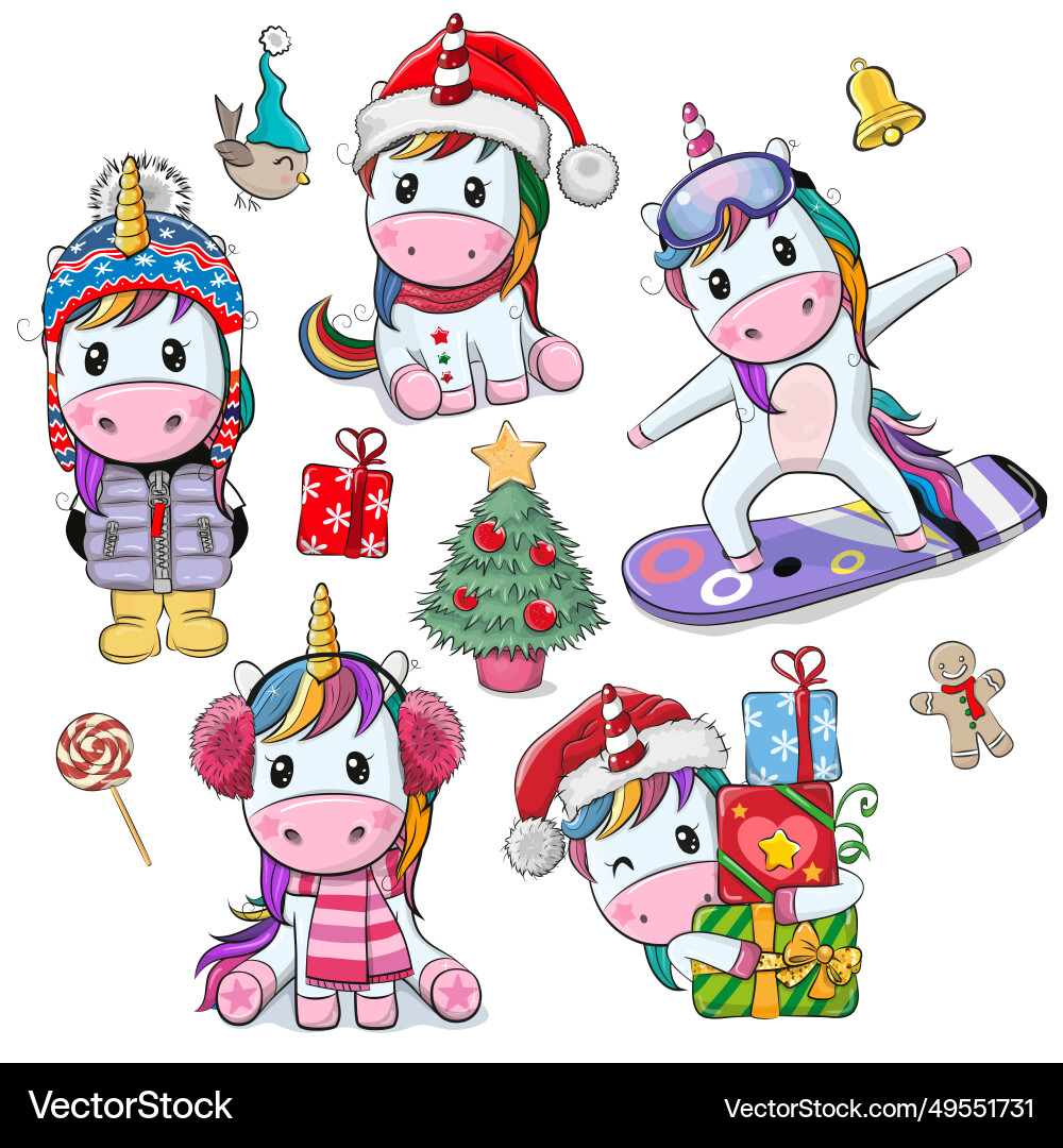 Cute Cartoon Christmas Unicorns Vector Image