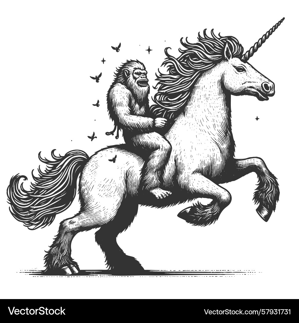 Yeti riding a unicorn in surreal sketch Vector Image