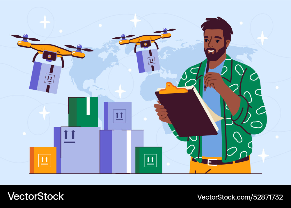 Logist with drone delivery remote control man Vector Image
