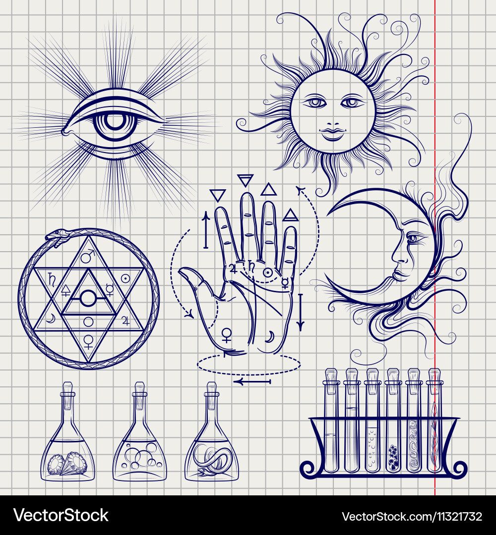 Sketch of isoteric and alchemy elements vector image