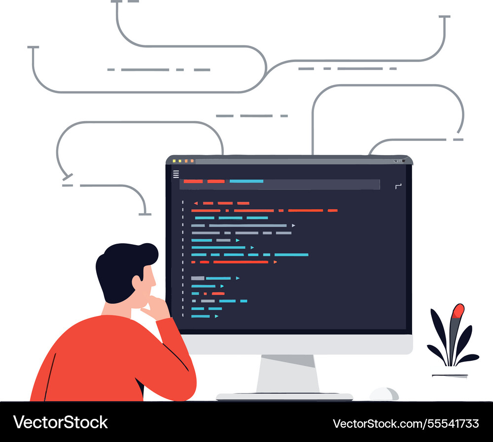 Person coding on computer with colorful code Person coding on computer with colorful code vector image