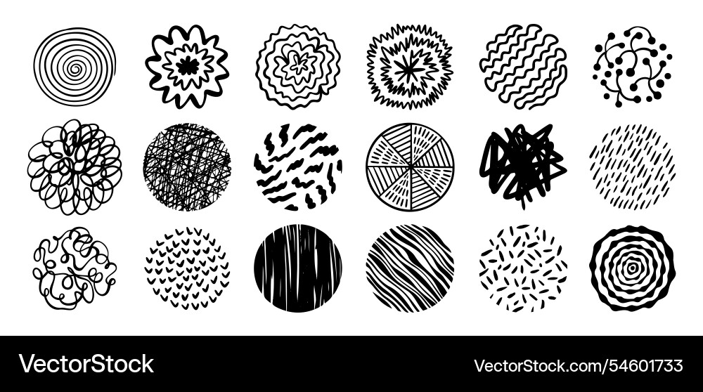 Round abstract hand drawn shapes with pattern set Vector Image
