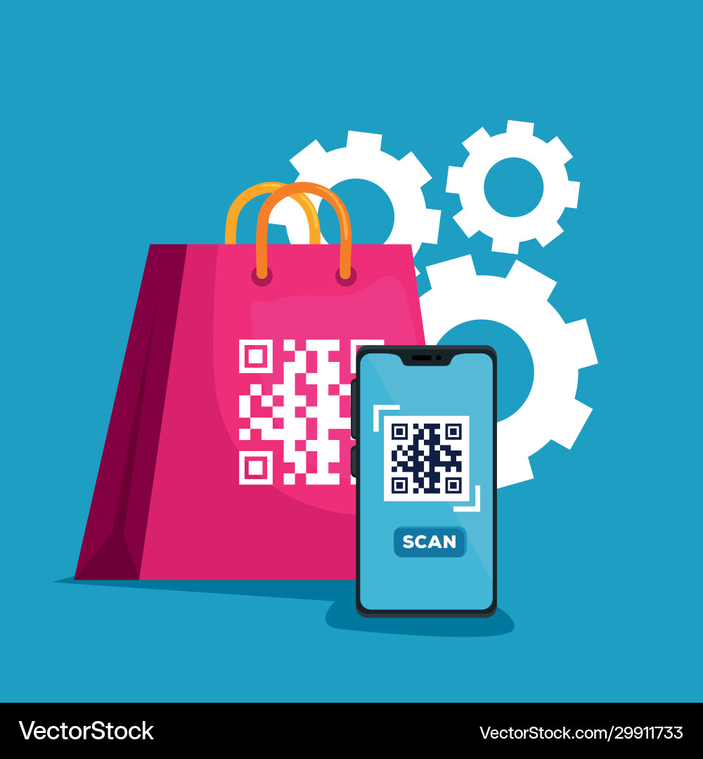 Scan code qr with smartphone and bag shopping Scan code qr with smartphone and bag shopping vector image