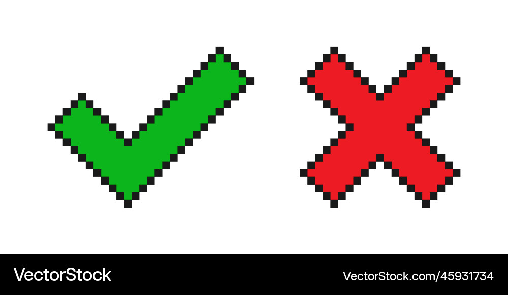 Pixel 8-bit check mark and cross tick vector image