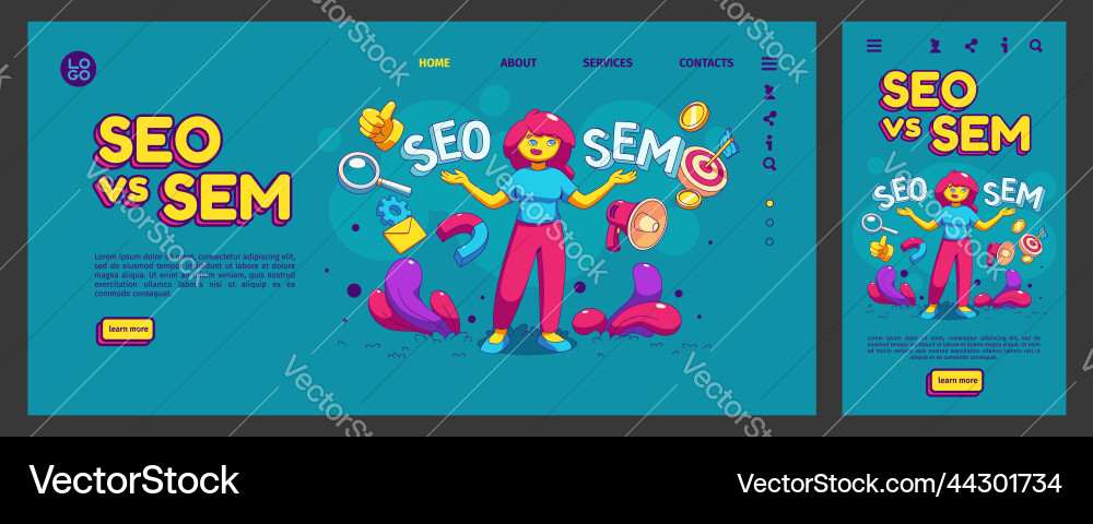Seo vs sem landing page app ui ux mobile Seo vs sem landing page app ui ux mobile vector image