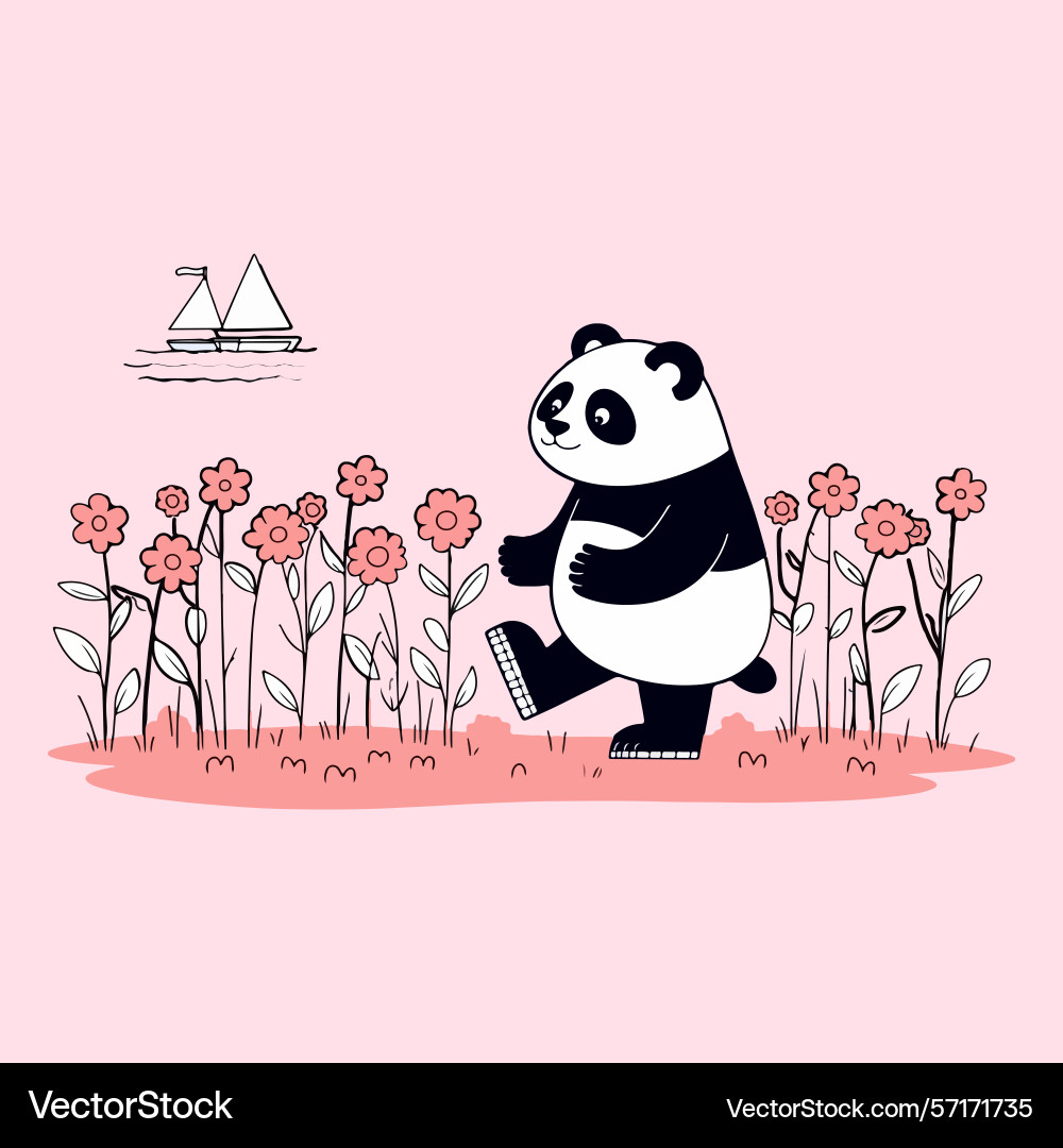 Pandas walk in the flower field Vector Image