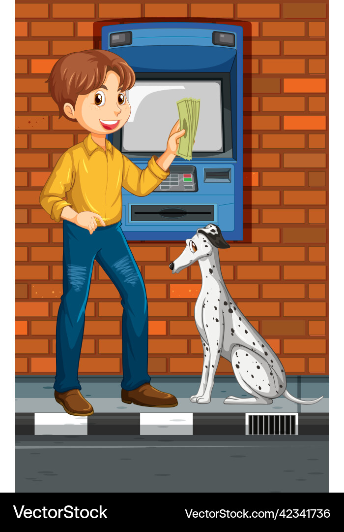 Atm on street scene with a man withdraw money vector image