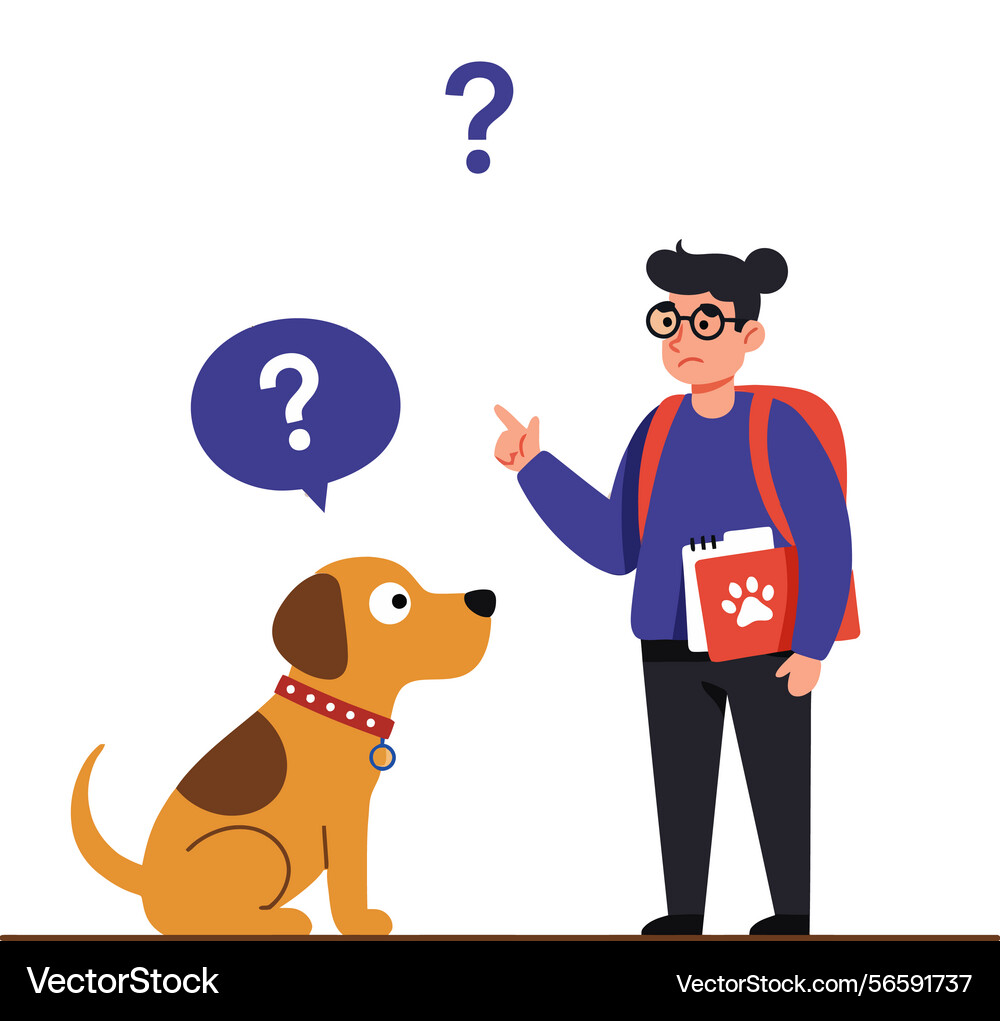 Man training dog with question marks above Man training dog with question marks above vector image
