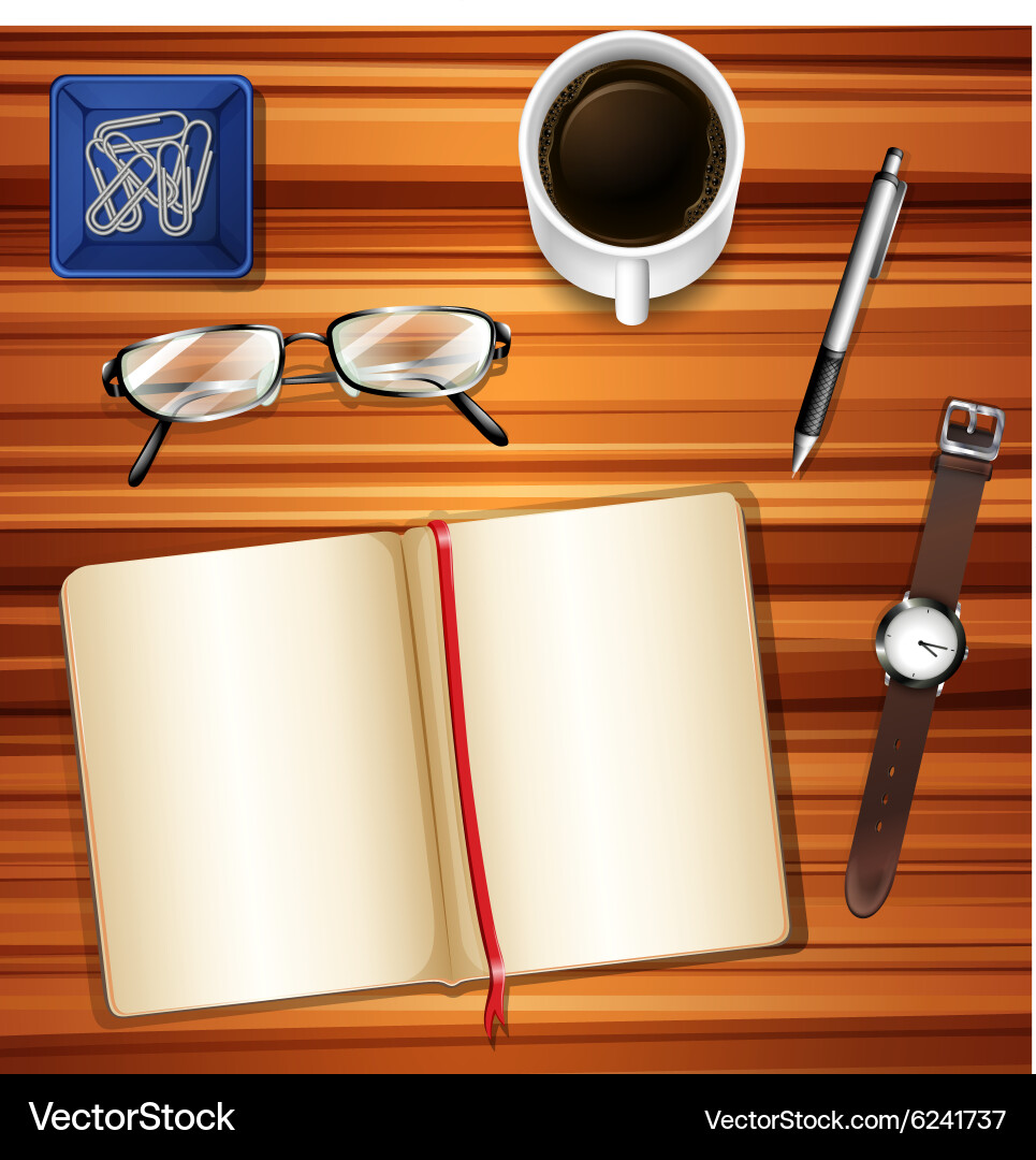 Notebook on table with other accessories Vector Image