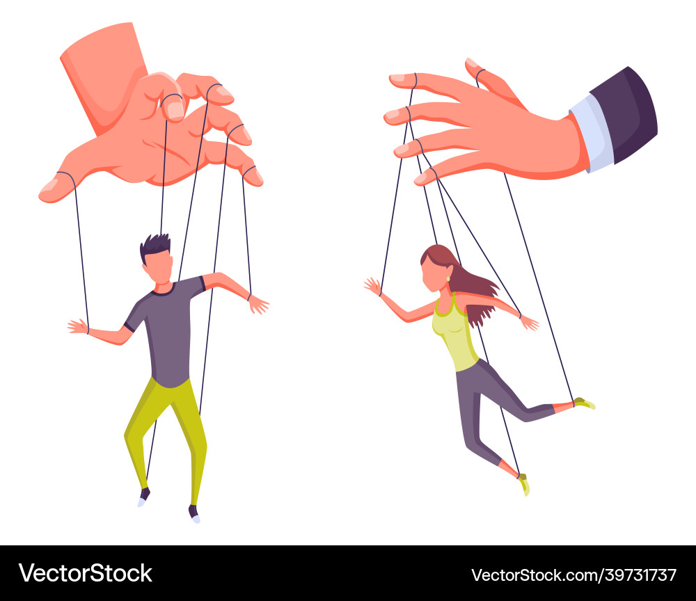 Puppeteer hands controlling puppets manipulator Puppeteer hands controlling puppets manipulator vector image