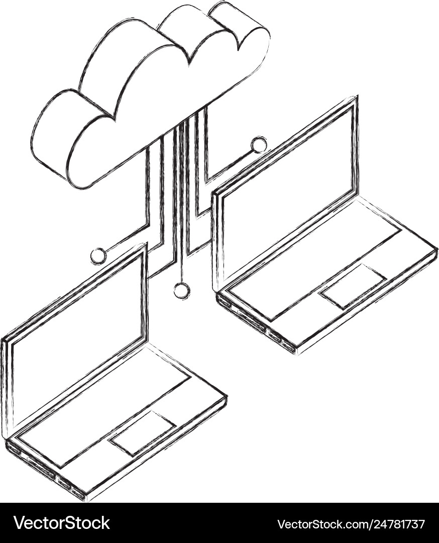 Two laptop cloud computing connected data network vector image
