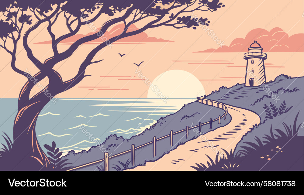 Coastal Path to Lighthouse Vector Image