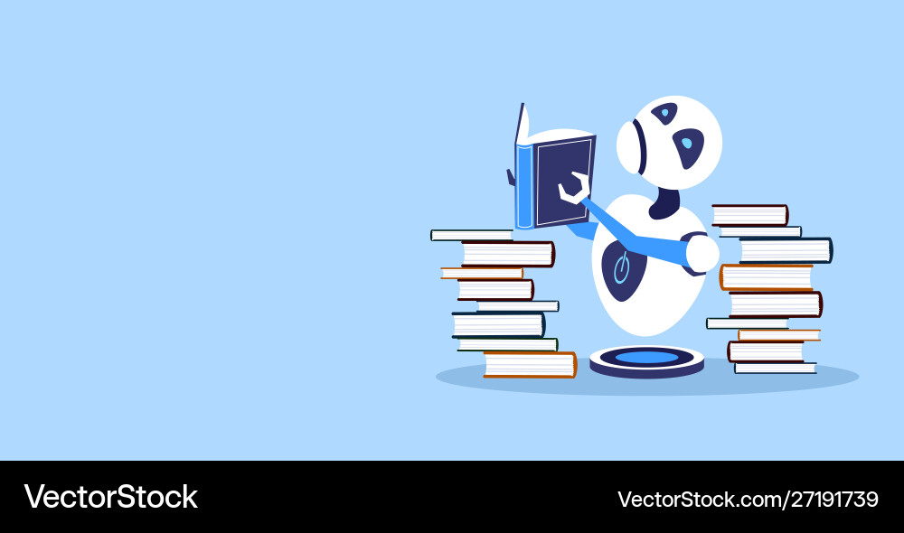 Cute robot reading book robotic character studying Vector Image
