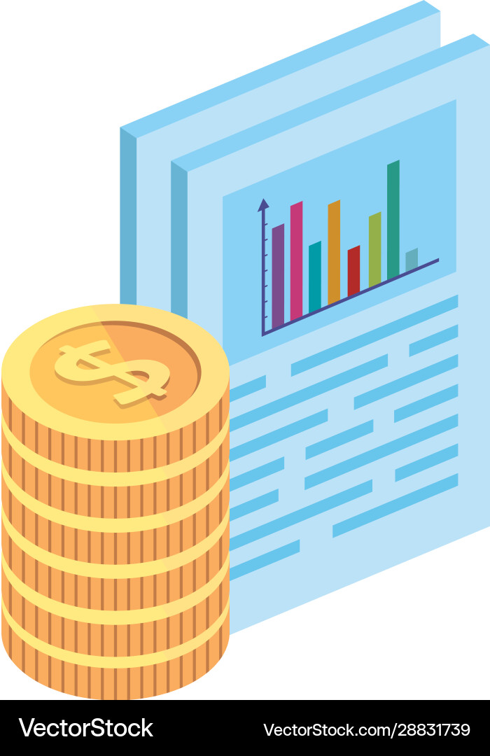 Document with bars statistical and pile coins Document with bars statistical and pile coins vector image