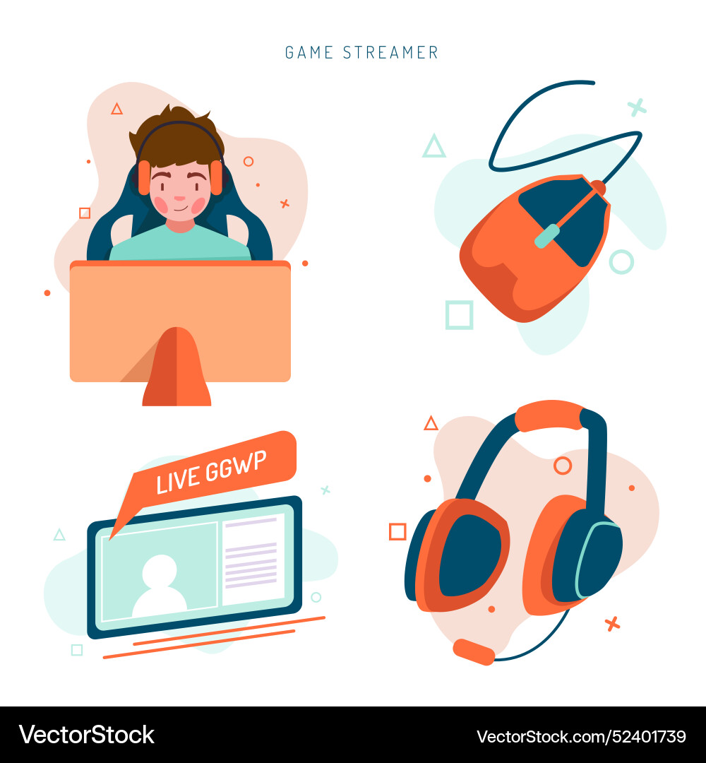 Flat game streamer elements collection Vector Image