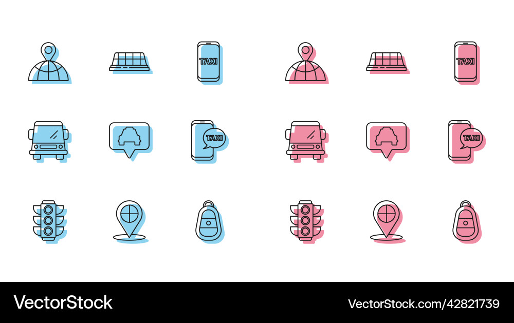 Set line traffic light map pointer with taxi Set line traffic light map pointer with taxi Vector Image