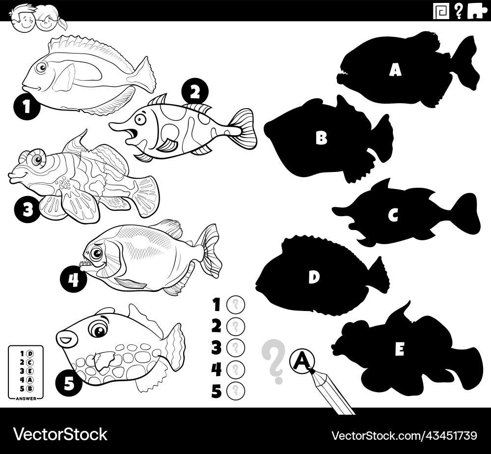 Shadows game with fish animals coloring page Shadows game with fish animals coloring page vector image