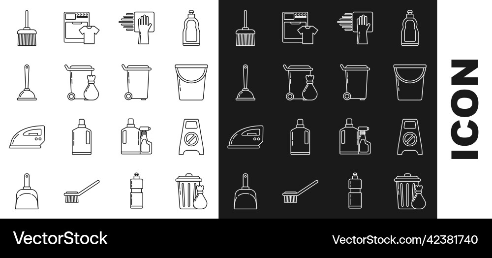 Set line trash can and garbage bag wet floor Set line trash can and garbage bag wet floor vector image