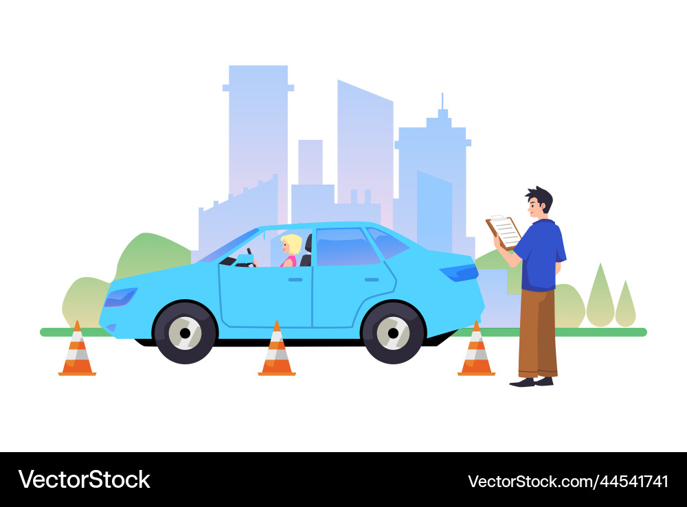 Driving instructor conducts exam on Royalty Free Vector