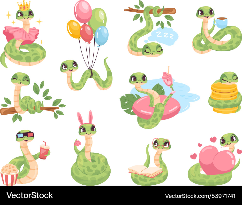 Snakes baby characters cartoon funny crawling Snakes baby characters cartoon funny crawling vector image