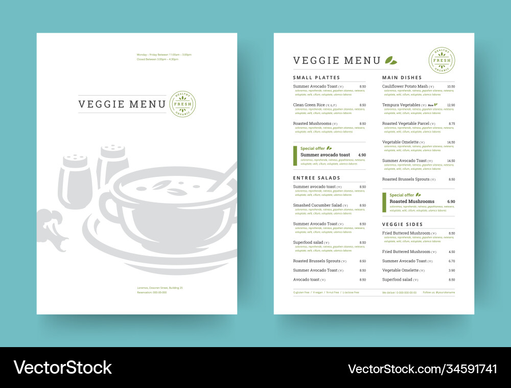 Vegetarisches Restaurant Menü Layout-Design Broschüre Vegetarisches Restaurant Menü Layout-Design Broschüre vektorbild