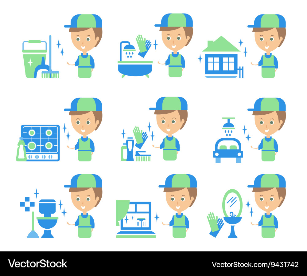 Cleaning service man and finished tasks set Vector Image