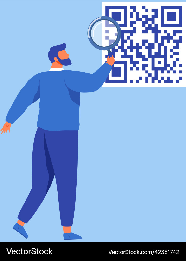 Man analyzing financial data decoding big qr code Man analyzing financial data decoding big qr code vector image
