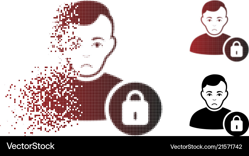 Sad fragmented pixelated halftone user lock icon Sad fragmented pixelated halftone user lock icon vector image
